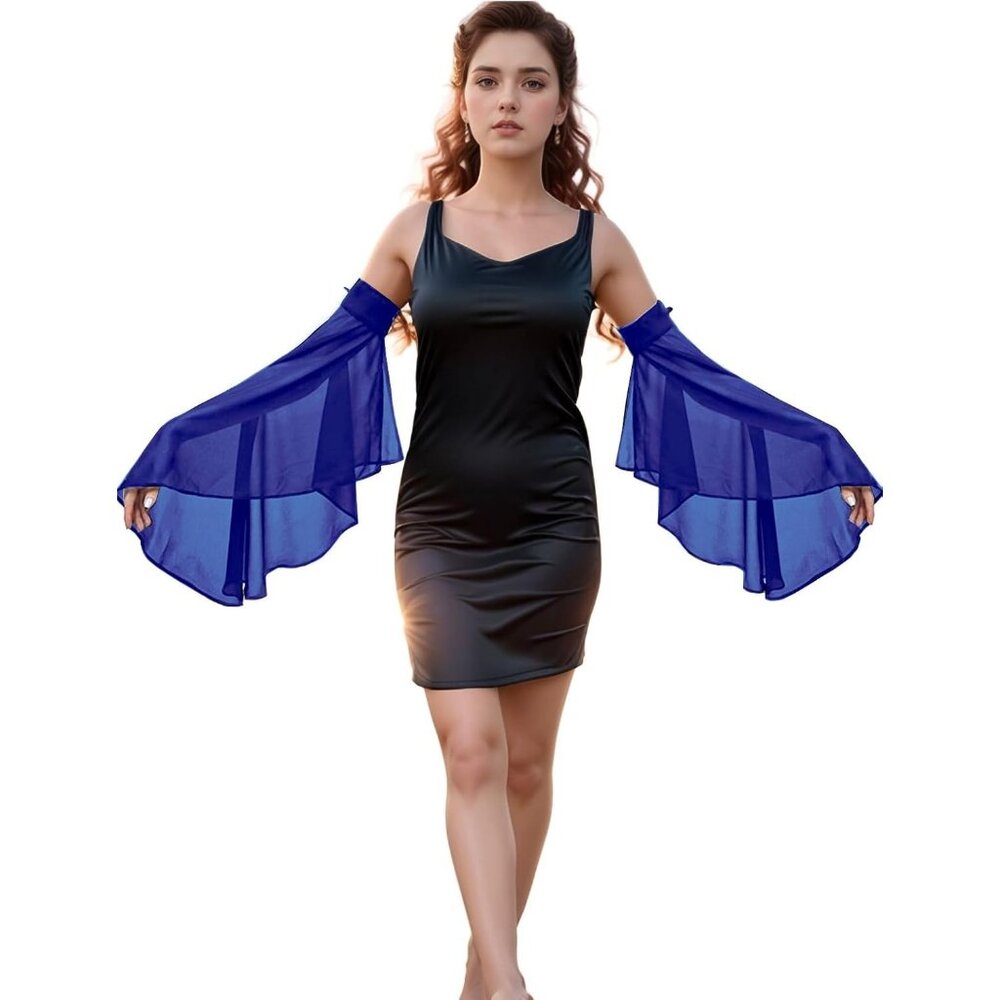 Women's Royal Blue Chiffon Lace Detachable Covers Sleeves Gloves Party Prom